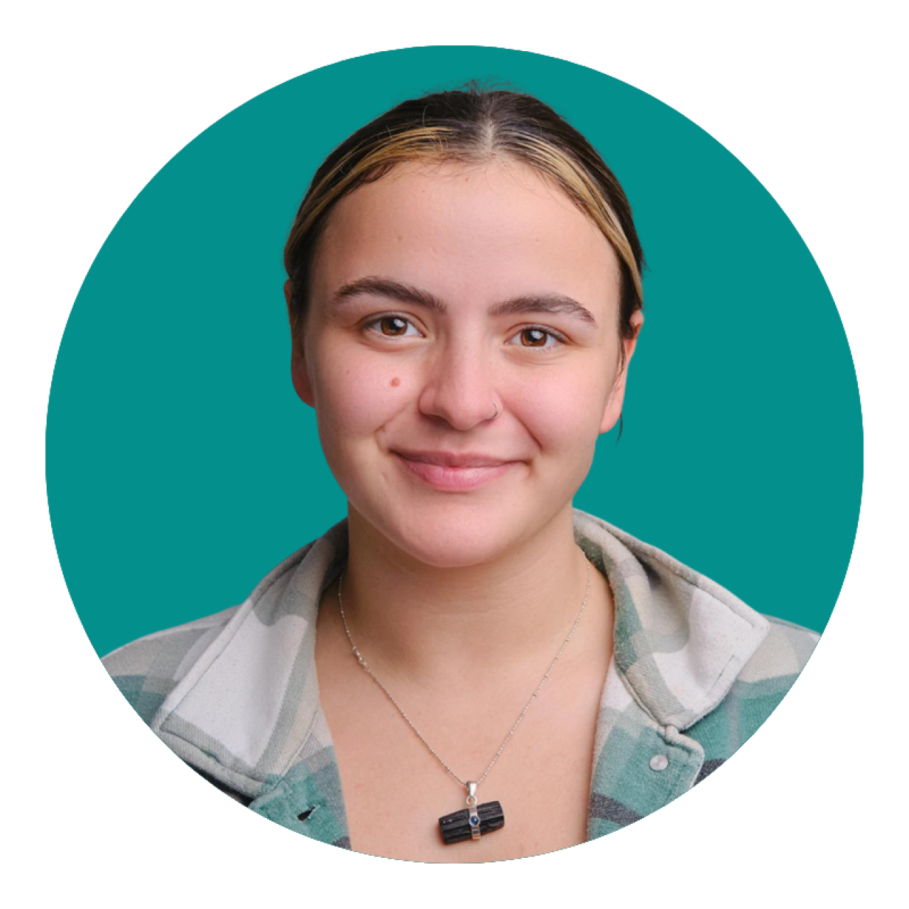 Sasha Development Coordinator Portrait photograph with green background in a circle.